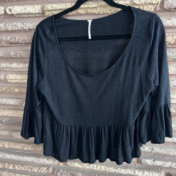 Free People Black Scoop Neck Ruffle Peplum Cropped Sweater Size Small - Picture 6 of 8